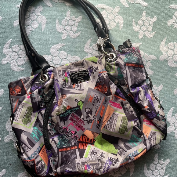 HARLEY DAVIDSON Multicolor Black Leather Top Handle Satchel Motorcycle Graphics - Picture 1 of 12